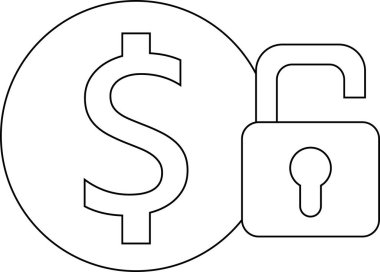 asma kilit simgesi ve dolar para simgesini beyaz arkaplanı ile aç. Siyah çizgileri olan