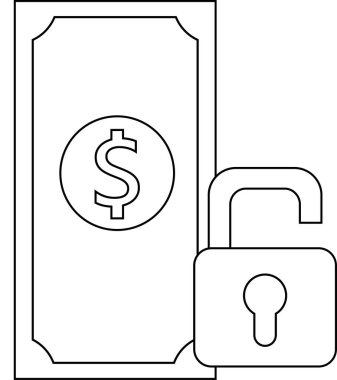 Dolar madeni para simgesi ve siyah çizgileri olan beyaz arkaplan içeren asma kilit simgesi.