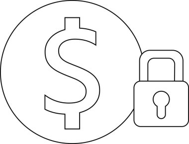 asma kilit simgesi ve dolar para simgesi beyaz arkaplan. Siyah çizgileri var.