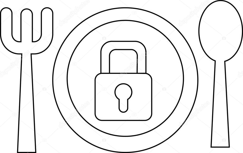 Plate, fork and spoon icon and padlock icon with white background.with black lines