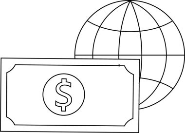 Beyaz arkaplan ve siyah çizgileri olan dünya simgesi ve dolar simgesi