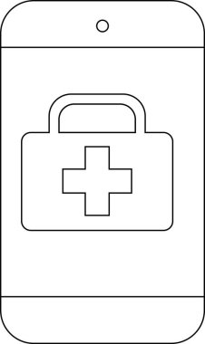 Akıllı telefon simgesi ve siyah çizgileri olan beyaz arkaplanı olan sağlık kutusu simgesi