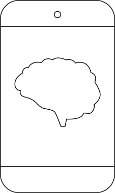 Akıllı telefon simgesi ve beyaz arkaplanı olan beyin simgesi. Siyah çizgileri olan.