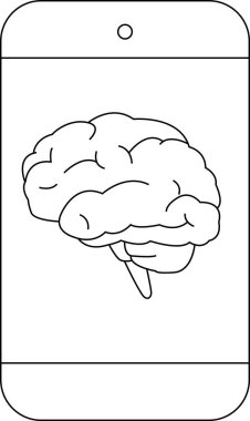 Akıllı telefon simgesi ve beyaz arkaplanı olan beyin simgesi. Siyah çizgileri olan.
