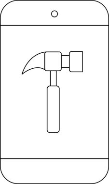 Akıllı telefon simgesi ve çekiç simgesi beyaz arkaplan. Siyah çizgileri var.