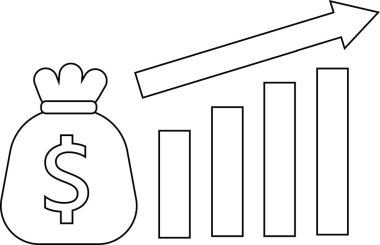 Artan grafik simgesi ve dolar çuvalı simgesi beyaz arkaplan. Siyah çizgileri var.