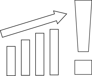 Artan grafik simgesi ve ünlem simgesi simgesi beyaz arkaplan. Siyah çizgileri var.