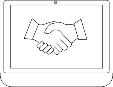 dizüstü bilgisayar simgesi ve anlaşma simgesi beyaz arkaplan. Siyah çizgileri var.