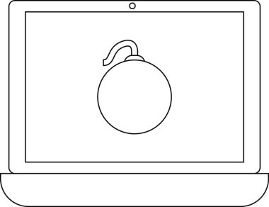 dizüstü bilgisayar simgesi ve bomba ikonu beyaz arkaplanlı. Siyah çizgileri var.