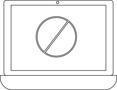 dizüstü bilgisayar simgesi ve yasaklı simge beyaz arkaplan. Siyah çizgili