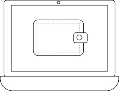 dizüstü bilgisayar simgesi ve cüzdan simgesi. Siyah çizgileri olan beyaz arkaplan.