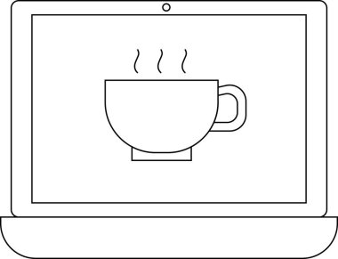 dizüstü bilgisayar simgesi ve beyaz arkaplan ile kahve bardağı simgesi. Siyah çizgili.