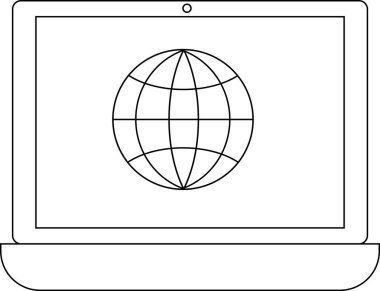 dizüstü bilgisayar simgesi ve ağ dünya simgesi beyaz arkaplan. Siyah çizgileri var.