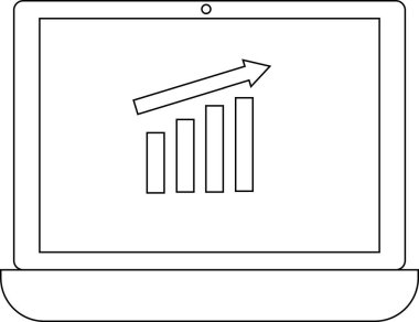 dizüstü bilgisayar simgesi ve yükselen grafik simgesi beyaz arkaplan. Siyah çizgileri var.