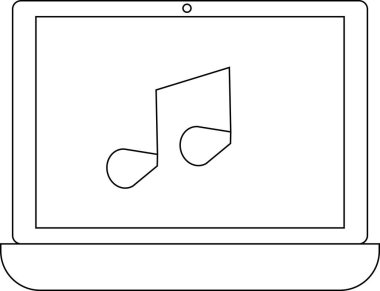 dizüstü bilgisayar simgesi ve müzik nota simgesi beyaz arkaplan. Siyah çizgili