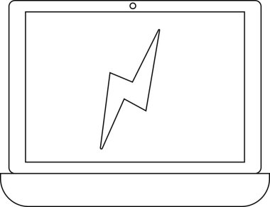 dizüstü bilgisayar simgesi ve beyaz arkaplanlı şimşek simgesi. Siyah çizgileri var.