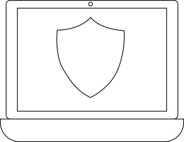dizüstü bilgisayar simgesi ve kalkan simgesi beyaz arkaplan. Siyah çizgileri var.