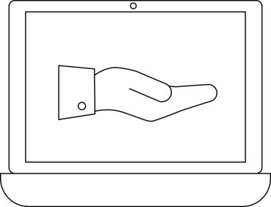 dizüstü bilgisayar simgesi ve el simgesi beyaz arkaplanlı. Siyah çizgileri var.
