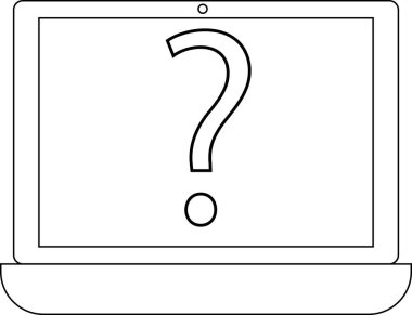 dizüstü bilgisayar simgesi ve soru işareti simgesi. Siyah çizgileri olan beyaz arkaplan.