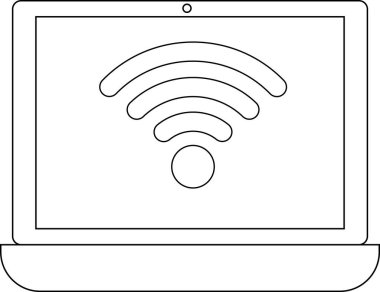 dizüstü bilgisayar simgesi ve beyaz arkaplanı olan kablosuz ağ simgesi. Siyah çizgileri olan