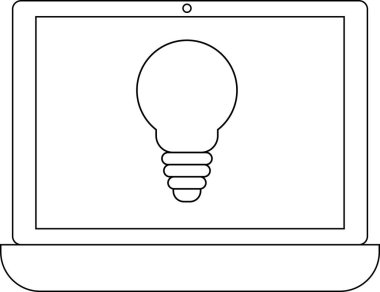 dizüstü bilgisayar simgesi ve beyaz arkaplanlı ampul simgesi. Siyah çizgileri var.