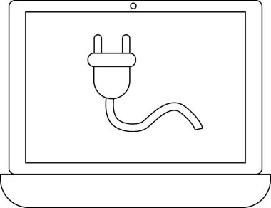 dizüstü bilgisayar simgesi ve beyaz arkaplanı olan tıklama simgesi. Siyah çizgileri olan