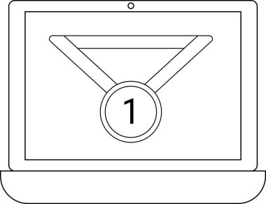 dizüstü bilgisayar simgesi ve madalya kolyesi beyaz arkaplan. Siyah çizgileri var.
