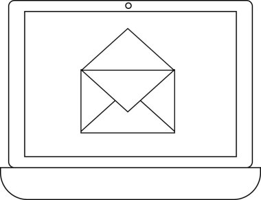 dizüstü bilgisayar simgesi ve beyaz arkaplanı olan açık mesaj simgesi. Siyah çizgileri olan