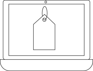 dizüstü bilgisayar simgesi ve fiyat etiketi simgesi beyaz arkaplan. Siyah çizgili