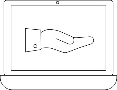 dizüstü bilgisayar simgesi ve el simgesi beyaz arkaplanlı. Siyah çizgileri var.
