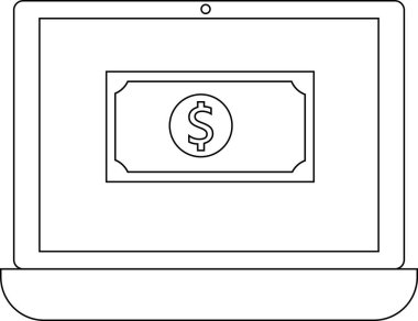 dizüstü bilgisayar simgesi ve dolar simgesi beyaz arkaplan. Siyah çizgileri var.
