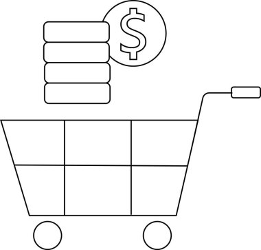 Trolley simgesi ve para yığını simgesi beyaz arkaplan. Siyah çizgileri var.