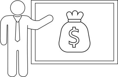 Sunucu simgesi ve dolar çuvalı simgesi beyaz arkaplan. Siyah çizgileri var.