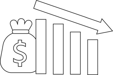 aşağı grafik simgesi ve dolar çuval simgesi beyaz arkaplan. Siyah çizgiler
