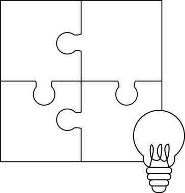 Yapboz simgesi ve beyaz arkaplanı olan ampul simgesi. Siyah çizgileri olan