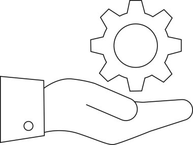 dişli simgesi ve beyaz arkaplanı olan avuç içi simgesi. Siyah çizgileri var.