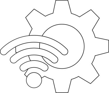 dişli simgesi ve beyaz arkaplanı olan kablosuz ağ simgesi. Siyah çizgileri olan