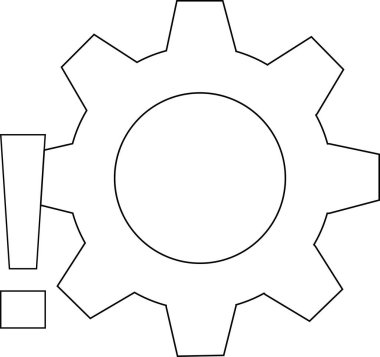 dişli simgesi ve ünlem simgesi beyaz arkaplan. Siyah çizgileri var.