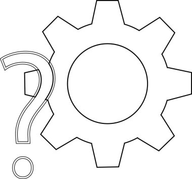 dişli simgesi ve soru işareti simgesi beyaz arkaplan. Siyah çizgili