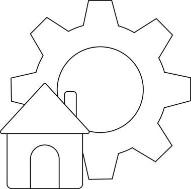 dişli simgesi ve beyaz arkaplanı olan ev simgesi. Siyah çizgileri olan