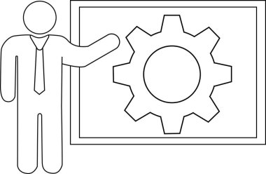 Bir kişinin sunumu simgesi ve beyaz arkaplanı olan siyah çizgileri olan bir dişli simgesi.