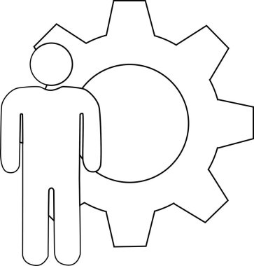 dişli simgesi ve ayakta duran kişi simgesi beyaz arkaplan. Siyah çizgileri var.