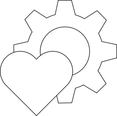 dişli simgesi ve beyaz arkaplanı olan aşk simgesi. Siyah çizgili.