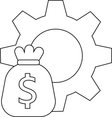 dişli simgesi ve dolar çuvalı simgesi beyaz arkaplan. Siyah çizgileri var.