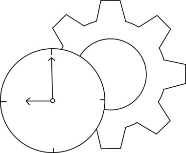 dişli simgesi ve duvar saati simgesi beyaz arkaplan. Siyah çizgileri var.
