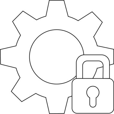 dişli simgesi ve asma kilit simgesi beyaz arka planda. Siyah çizgileri var.