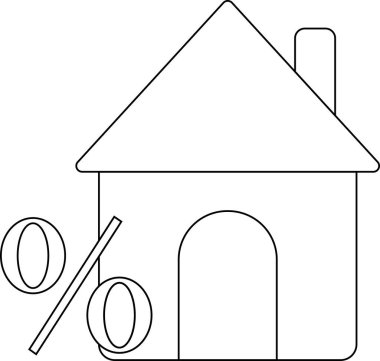 Beyaz arkaplanı ve siyah çizgileri olan ev simgesi ve yüzde ikonu