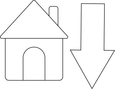 Beyaz arkaplan ve siyah çizgileri olan ev simgesi ve aşağı ok simgesi