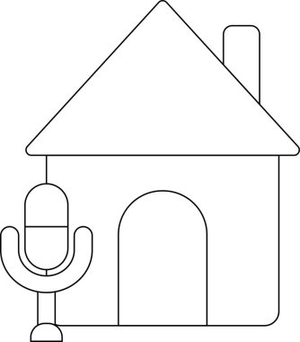 Beyaz arkaplanı olan ev simgesi ve mikrofon simgesi. Siyah çizgileri olan.