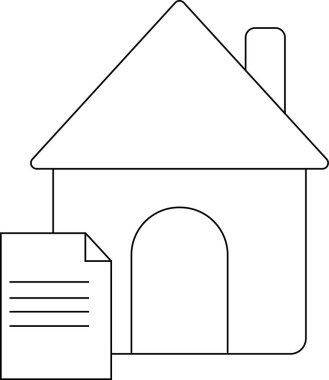 Beyaz arkaplanı ve siyah çizgileri olan ev simgesi ve kağıt simgesi